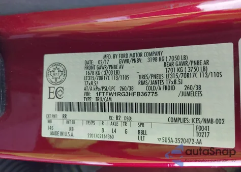 2017 Ford F-150 Raptor из США, поврежденный, VIN 1FTFW1RG3HFB36775